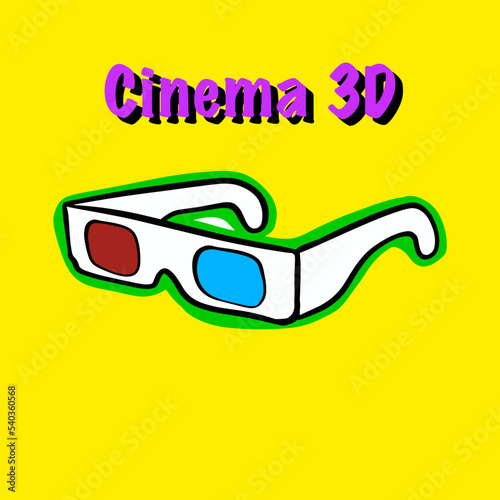 A colorful hand-drawn image of 3D glasses with "Cinema 3D" written above it