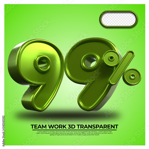 3D Render percentage number 99% for discount process progress Green Metalic color