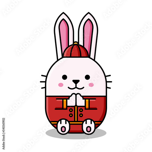 Happy chinese new year 2023. Cute rabbit cartoon character design. Year of rabbit zodiac. Rabbit making greeting gestures with chinese costume.