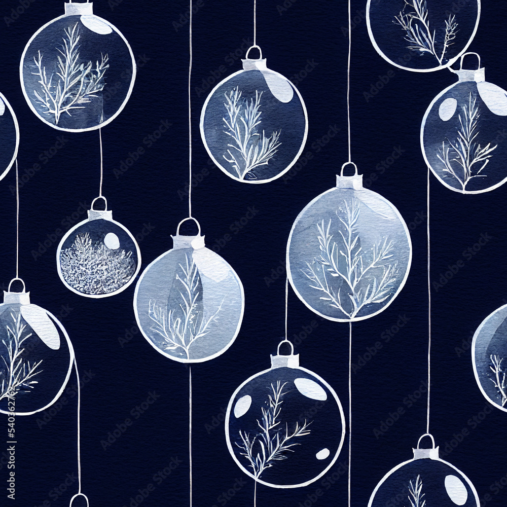 Blue Christmas decorations. Seamless return pattern. Vintage motif. Digital art