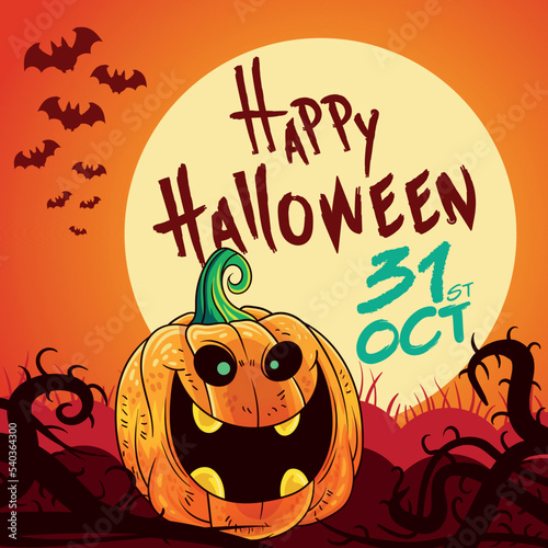 Vector illustration of a funny pumpkin with bats sunset background and celebration text. (ID: 540364300)
