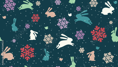 Seamless vector pattern with bunny, bird and snowflakes on a dark background. New Year's night with jumping hares and falling snow. Snowfall and rabbit on a Christmas print.