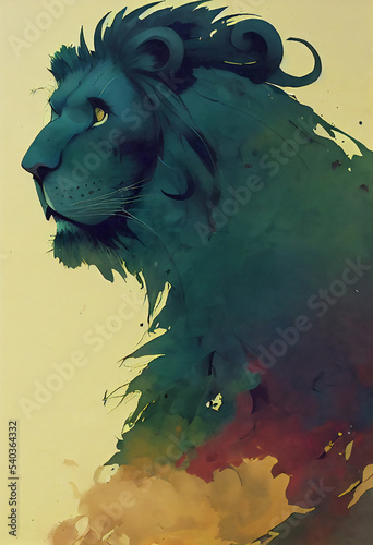 Colorful Lion Abstract Watercolor Background. Poster, Killer, Leo, Cat, Design, Print, Sticker, Background, Postcard. Muted Colors, Africa photo
