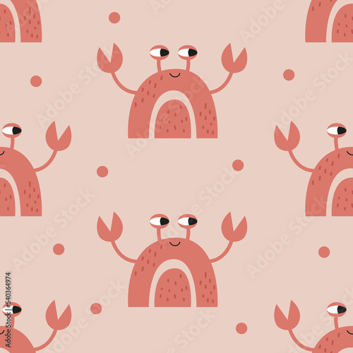 Seamless rainbow pattern with cute crab. Vector illustration