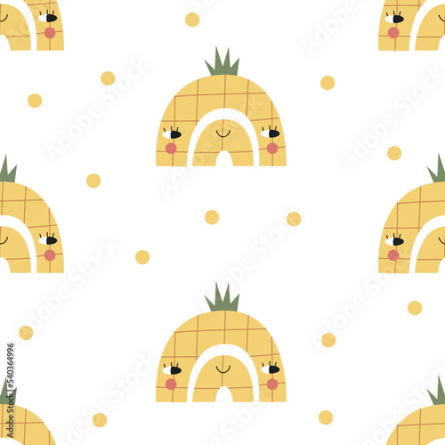 Seamless rainbow pattern with cute pineapple. Vector illustration