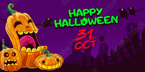 banner illustration with giant pumpkin, ravens, graves and two more pumpkins with a purple background for celebration night. (ID: 540365324)