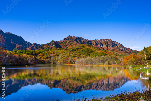 紅葉の美しい秋の戸隠連峰と鏡池の鏡面
