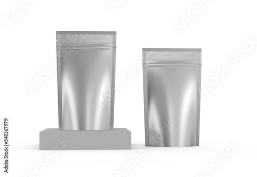 Aluminum Metallic food pouch bag  packaging isolated on white 3d rendering
