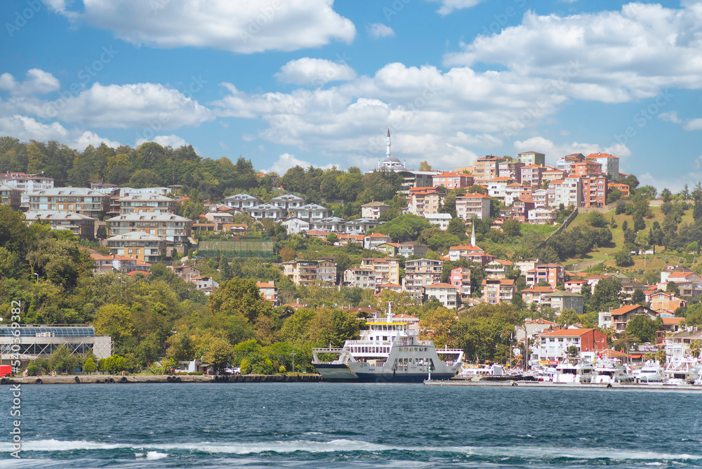 View from the sea of the green mountains of the asian side of Bosphorus strait, with traditional houses and dense trees in a summer day