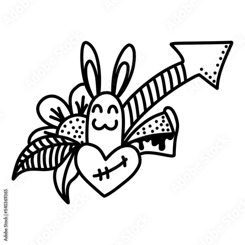 vector doodle element hare, arrow, heart, leaf.