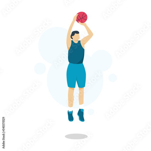 Professional basketball player shooting ball with jumping, vector illustration. Basketball skill and shooting technique. Sport and healthy lifestyle.