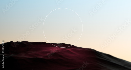 Abstract futuristic mountains with neon circle. Wallpaper of mountains with a glowing mysterious circular ring. 3D render.