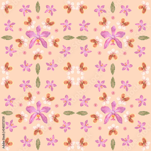 Fototapeta Naklejka Na Ścianę i Meble -  Botanical Tile Pattern Vanda sanderiana Phalaenopsis pulchra