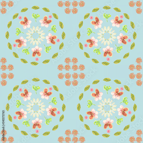 Fototapeta Naklejka Na Ścianę i Meble -  Botanical Tile Pattern vanda sanderiana ylang ylang mussaenda philippica