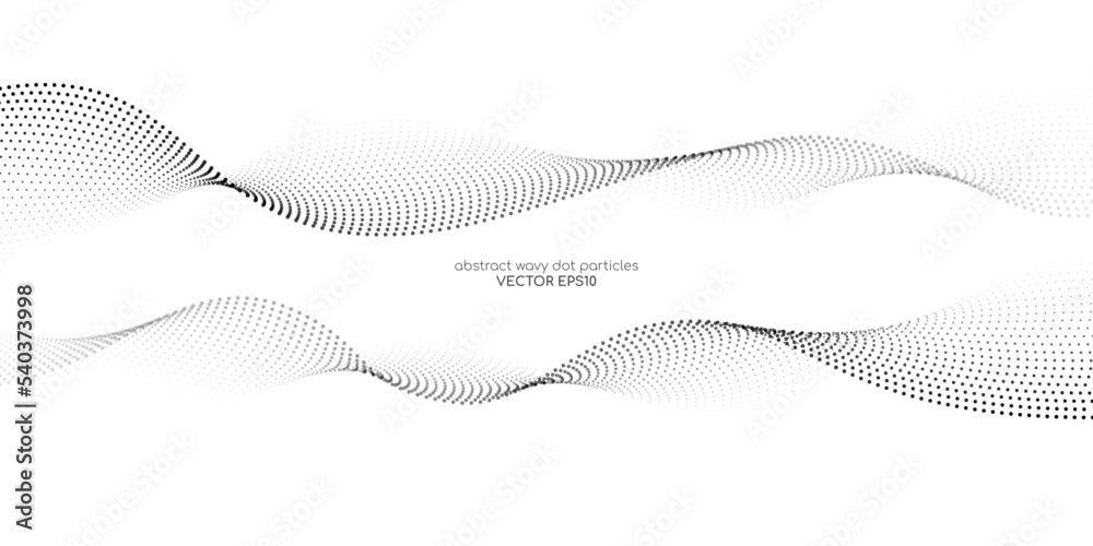 Flowing dots particles wave pattern halftone black gradient curve shape isolated on white background. Vector in concept of technology, science, music, modern. - obrazy, fototapety, plakaty 