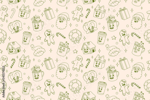 Merry Christmas and Happy New year seamless pattern. Santa Claus, gifts, cocoa, coffee, gingerbread in trendy retro cartoon style. Textile, wrapping paper, wallpaper with funny comic characters.