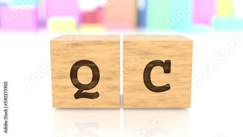 Word QC branded on wooden cubes reflected on the white surface. Business concept. In the back are colorful cuboids in various shapes. (3D rendering)