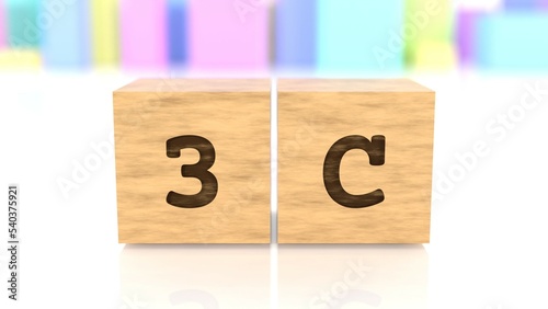Word 3C chiselled on wooden cube blocks reflected on the bright table. Business concept. In the back are colorful cuboids in different shapes. (3D rendering)