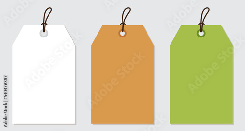Set blank paper price tags or gift tags. Paper labels with cord. Set template shopping labels with shadow. Price tag collection. Vector illustration