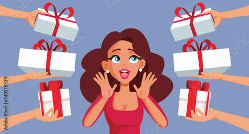 Happy Woman Receiving Many Birthdays Gifts Vector Cartoon Illustration. Cheerful girl celebrating her anniversary with a lot of presents
