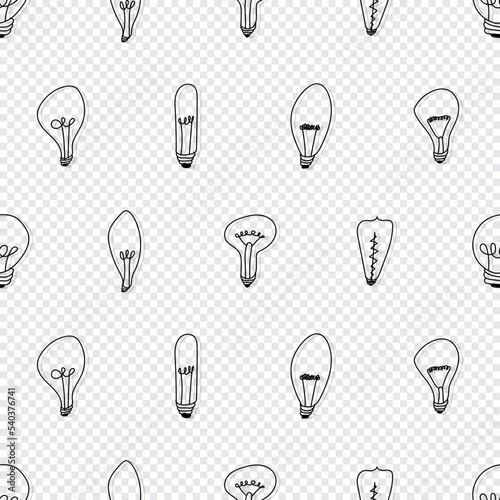 Hand drawn seamless pattern of Light Bulbs. Different loft lamps in doodle style. Idea lightbulb sign symbol pattern. Vector illustration