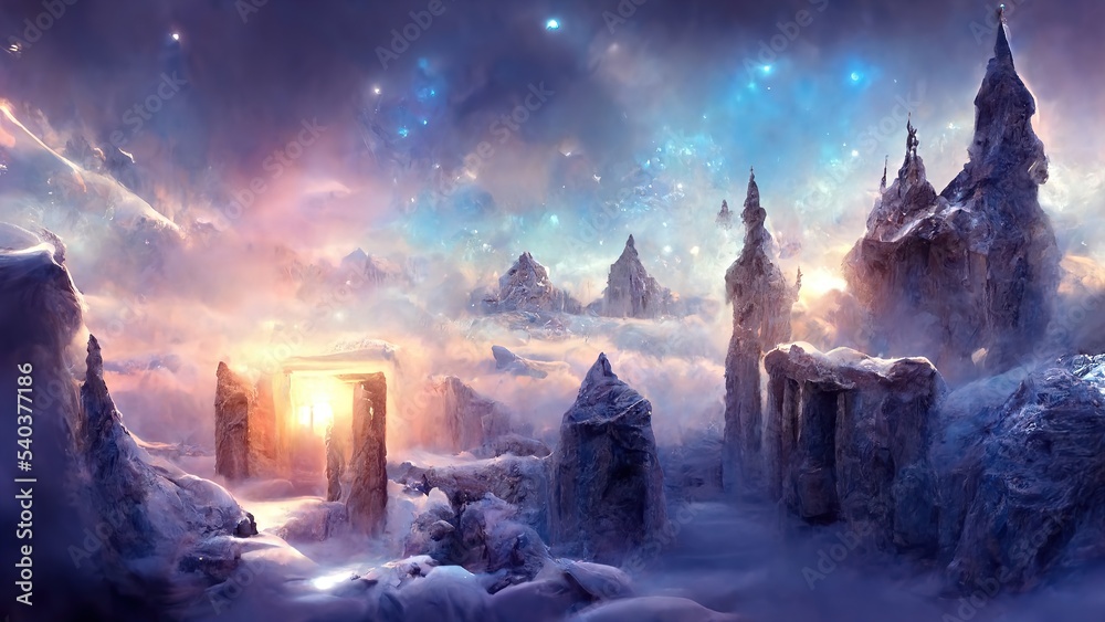 Magical portal on winter landscape fairy tale backgroun. 3d rendering. Raster illustration.