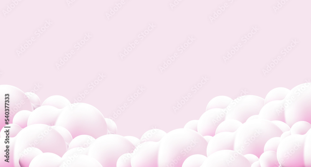 Beautiful fluffy clouds on pink sky background. Clouds on pink sky banner. Vector clouds. Border of clouds on pink background. Realistic fluffy cloud. Vector illustration