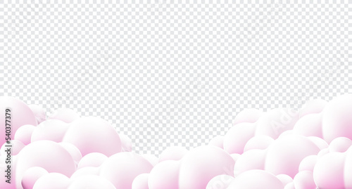 Beautiful fluffy clouds on pink sky background. Clouds on pink sky banner. Vector clouds. Border of clouds on pink background. Realistic fluffy cloud. Vector illustration