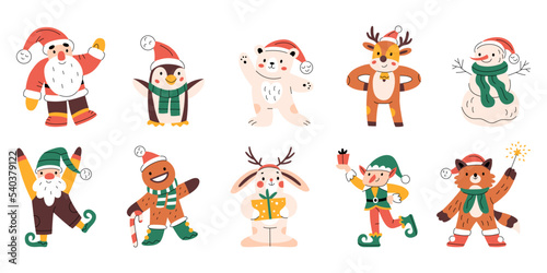Set of cute funny Christmas characters. Santa Claus  snowman  bear  reindeer  gnome  elf. Colorful New year symbols. Xmas holiday toys and decor. Minimalistic flat hand-drawn isolated illustration