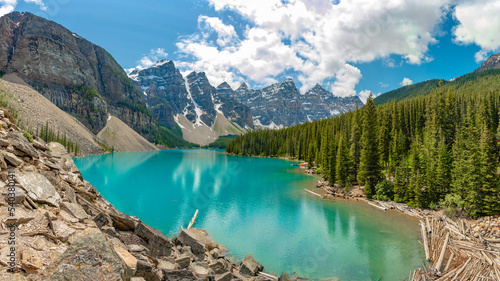 Stunning Moraine Lake in summertime with incredible turquoise glacial water. 