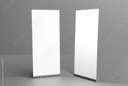 Blank white roll-up banner display mockup design, isolated, 3d rendering