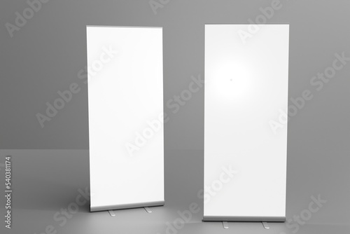 Blank white roll up banner display mockup on dark background, isolated, 3d rendering