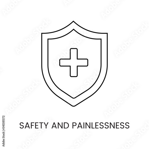 Linear medical shield icon, illustration of safety and painlessness in vector.