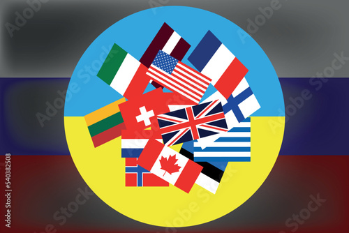 The flag of Ukraine and other countries on the background of the Russian one. anti-war coalition. Flags of the countries of the world. The world community in support of Ukraine. photo