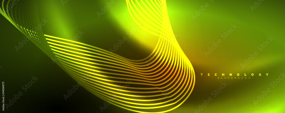 Shiny neon waves, dynamic electric motion, energy or speed concept. Vector illustration for wallpaper, banner, background, leaflet, catalog, cover, flyer Shiny neon waves, dynamic electric motion, energy or speed concept. Vector illustration for wallpaper, banner, background, leaflet, catalog, cover, flyer