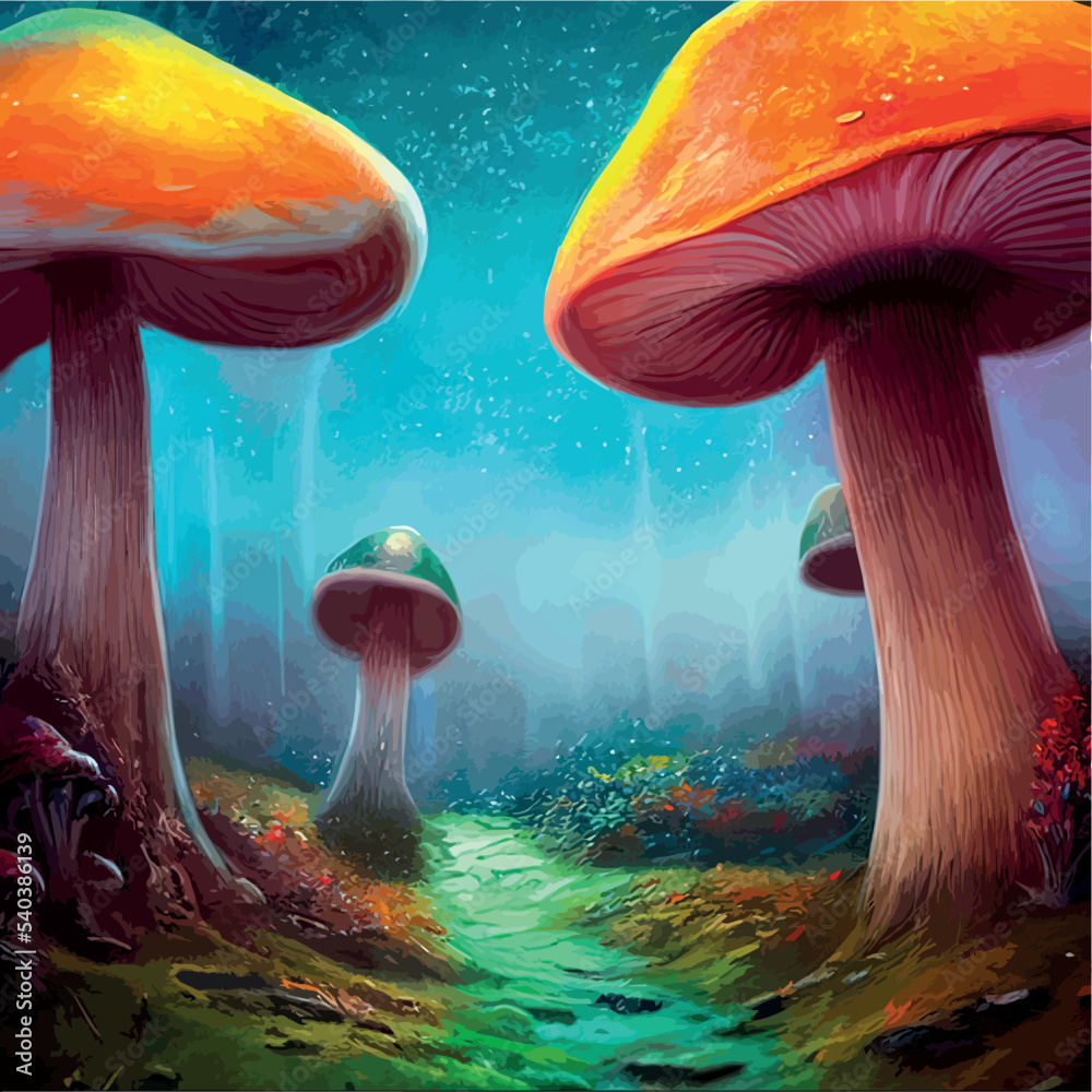 surreal mushroom landscape, fantasy wonderland landscape with mushrooms