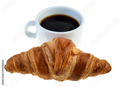 A cup of hot coffee and croissant isolated on white background.