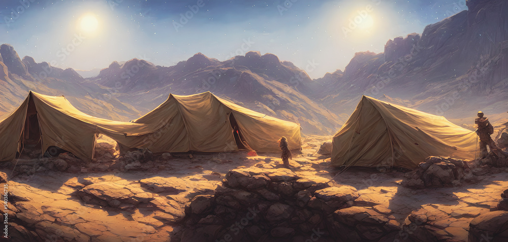 Artistic concept painting of a tents in the forest, background illustration.