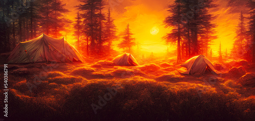 Artistic concept painting of a tents in the forest  background illustration.