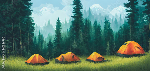 Artistic concept painting of a tents in the forest, background illustration.