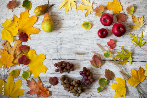 Still life with leaves and fruits. Autumn still life. Delicious fruits on a wooden table with autumn yellow leaves. Apples, grapes, pears. Bright colors of autumn