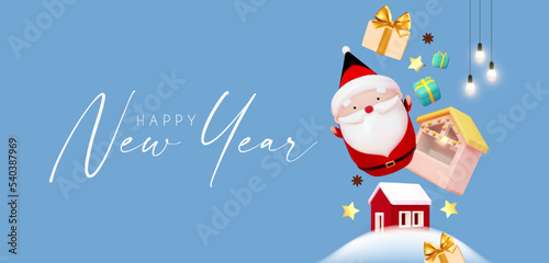 Merry Christmas and Happy New Year celebration with 3D Santa Claus character, cute house, little Christmas shop, market stall, gift boxes and light bulbs