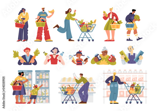 Set of people shopping in supermarket. Deverse male and female characters buy food in grocery store. Young and old men and women, children, family. Minimalistic flat hand-drawn isolated illustration