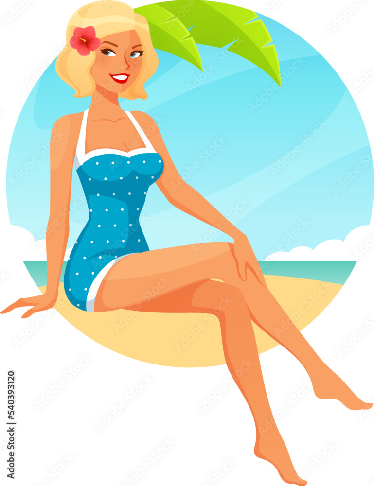 beautiful retro pin-up girl in blue swimsuit. Young blonde woman in 50s swimwear, smiling and sitting on the beach. beautiful retro pin-up girl in blue swimsuit. Young blonde woman in 50s swimwear, smiling and sitting on the beach.