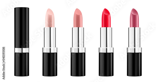 Set of colored lipsticks. Red, pink, orange, nude lipstick mockup. 3d realistic packaging. Decorative cosmetic for lip. Blank template of containers. Vector illustration isolated on white