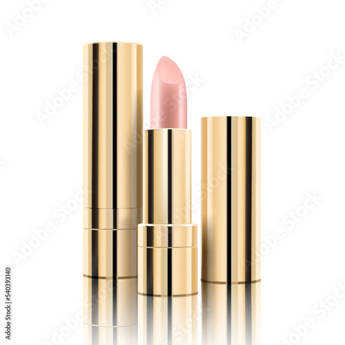 Golden lipstick tube template, vector mock-up. 3d realistic packaging, opened and closed with cap. Decorative cosmetic product for beautiful lip. Vector illustration isolated on white
