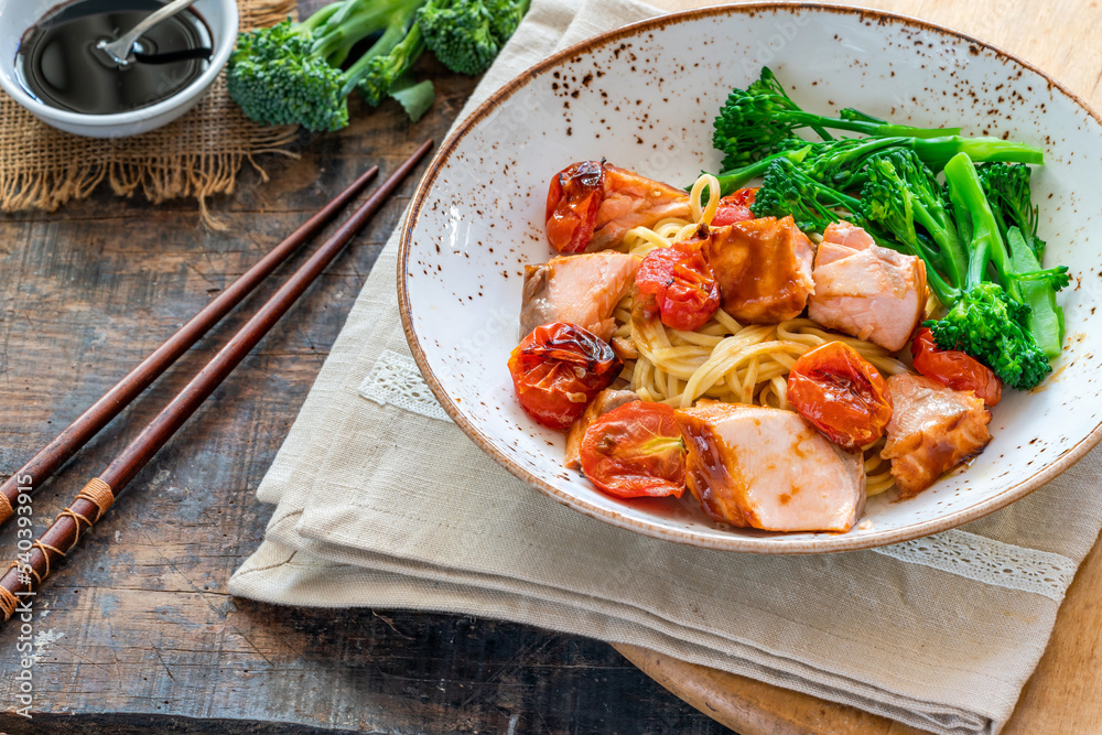 Hoisin salmon with broccoli and egg noodles