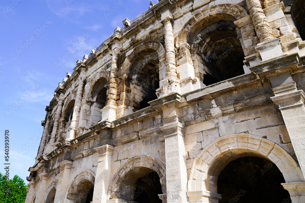 Roman amphitheater detail historic city arena Nimes in Gard Provence France