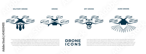 Drone icon vector set on a white background. Vector quadcopter logo set such as military drone, agro drone, and spy drone.