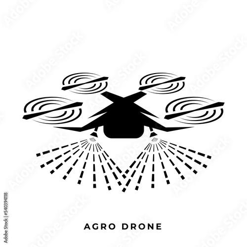 Vector agro drone with spray drops logo design. Agrotechnological Quadcopter with air treatment of the field with herbicides or fertilizer.